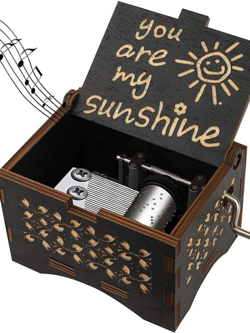 Wooden Music Box, Hand Cranked Laser Engraved Small Musical Boxes for Kids, Play